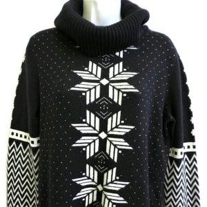 LaMBSWooL Blend Talbots Black Cowl Neck Sweater White Fair Isle Snow Flakes M